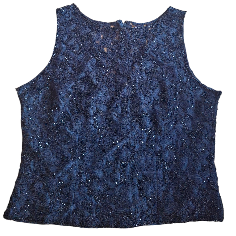 Jkara NY Elegant Black Lace Blouse Size Large Petite Vintage Formal Sleveless